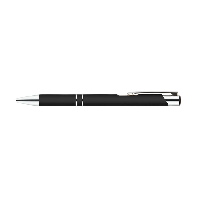 A black metal pen with a sleek design and silver accents, featuring a clip and branding.