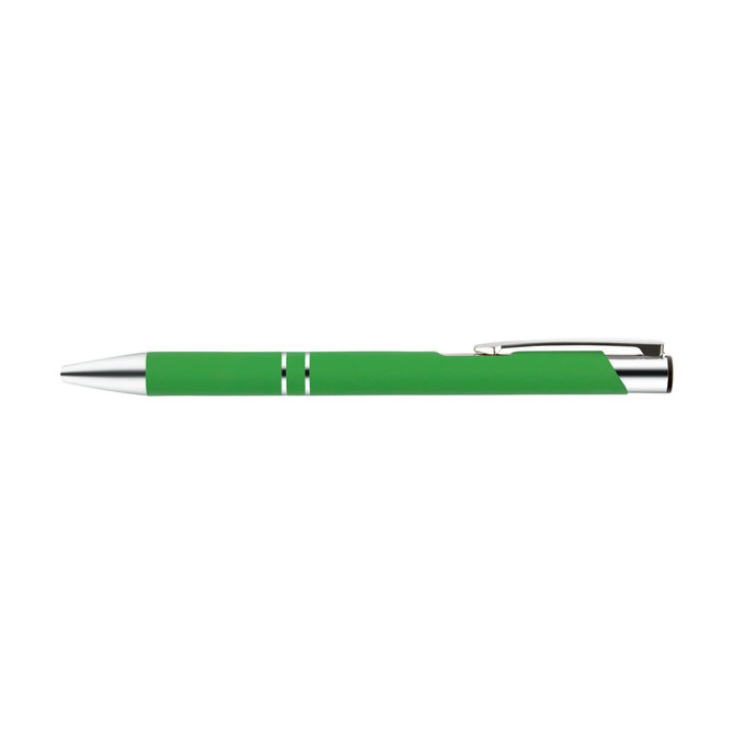 A metal pen in bright green with chrome accents and a sleek design. It features a branded logo.