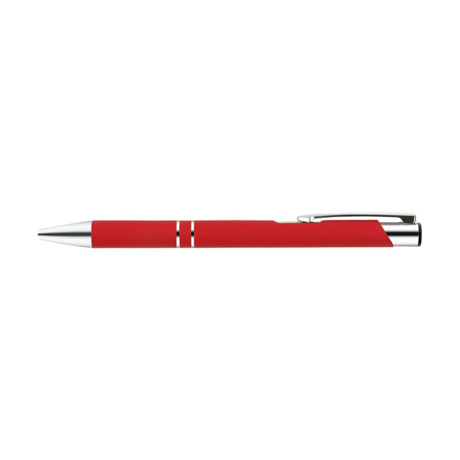 A red metal pen with chrome accents and a sleek design. It features a clip and decorative lines near the tip.