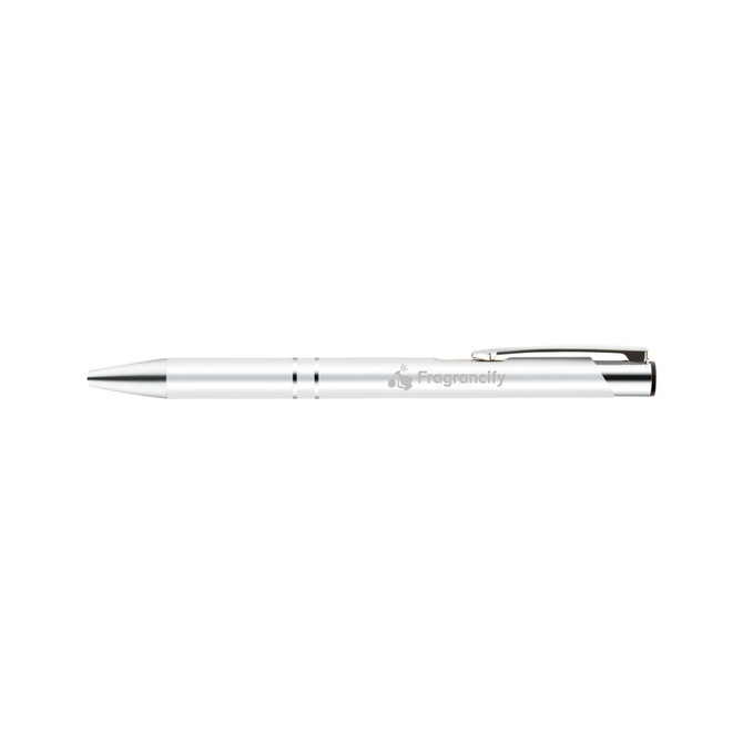A metal pen in silver with a sleek design and a clip, featuring a logo on its surface.
