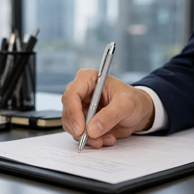 A silver metal pen is held in a hand, writing on a document, with blurred office background items visible.