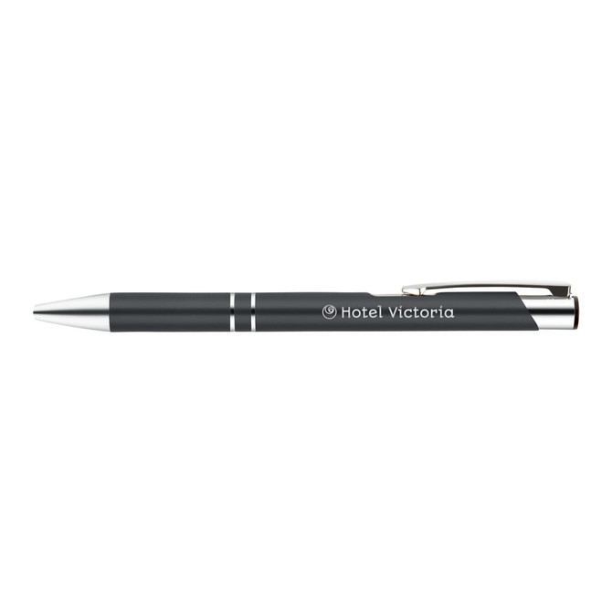 A metal pen in dark grey with silver accents, featuring a logo.