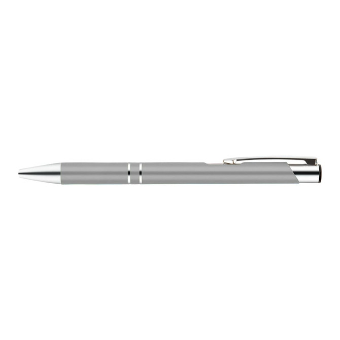 A metal pen in silver, featuring sleek lines and a chrome clip, with a branding logo displayed.