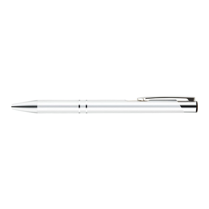 A metal pen in white with silver accents and a clip, featuring a logo on its surface.
