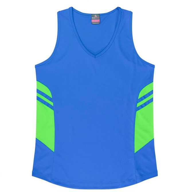 A blue singlet with neon green accents, featuring a logo on the neckline. Suitable for active wear.