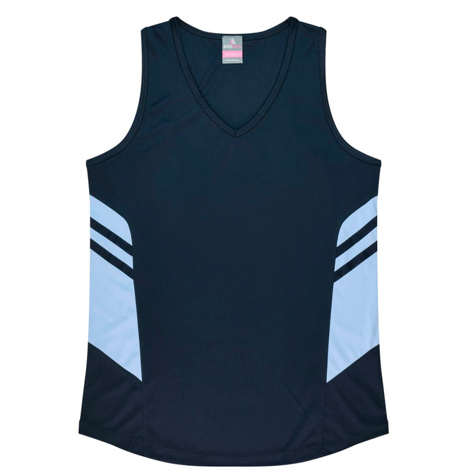 A dark navy singlet with light blue side panels and a V-neck design, featuring a logo.