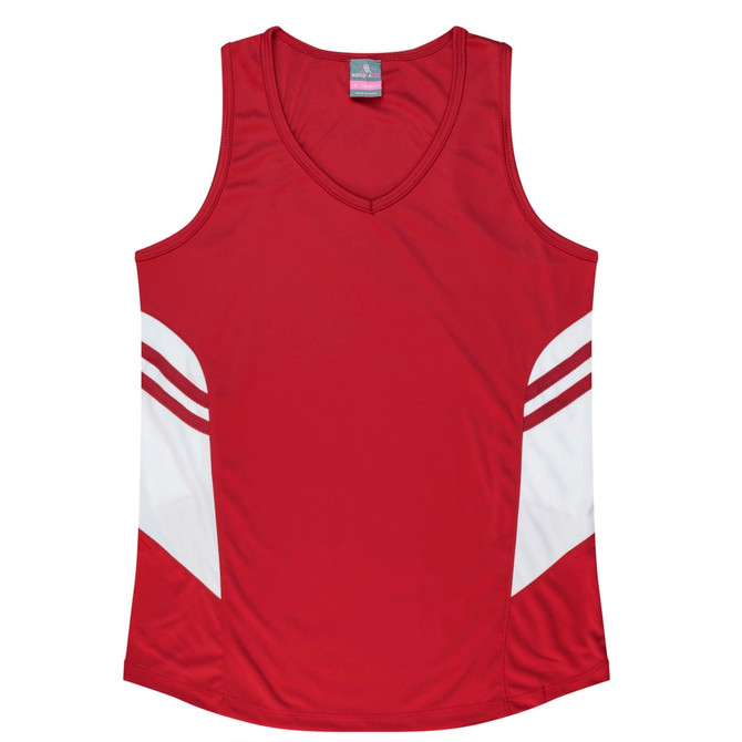 A red singlet featuring white side panels and stripes, designed for women's wear. It has a logo on the label.