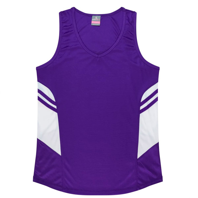 A purple singlet featuring white side panels and a branding logo. Suitable for casual wear or sports activities.