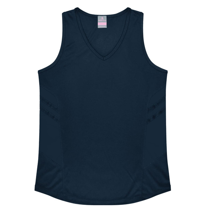 A navy blue singlet featuring a V-neck design, with a logo and contrasting side panel details.