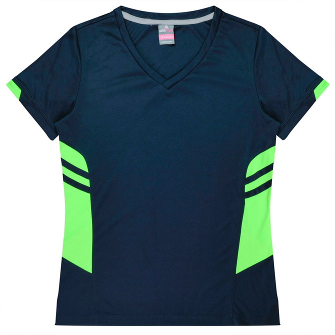 A navy blue sports tee with bright green trim and stripes, featuring a V-neck design and a logo.