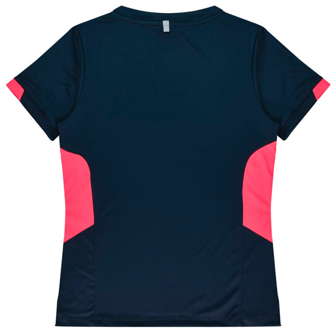 A navy blue sports tee featuring pink accents and a logo on the back. Suitable for activewear or sports uniforms.