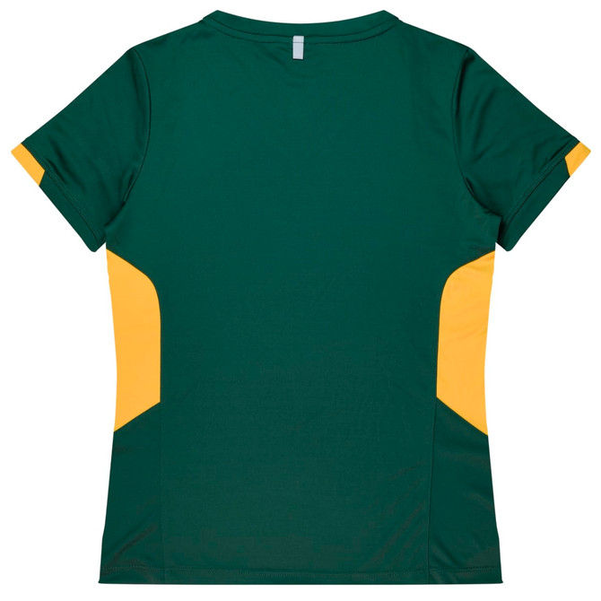 A sports tee in green with yellow accents and a logo on the back.
