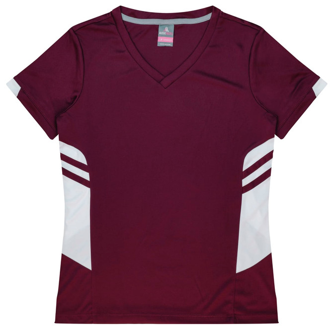 A maroon sports tee with white side stripes and a v-neck design. It features a logo on the chest.