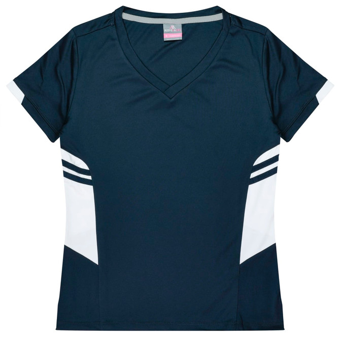 A navy blue sports tee with white accents and a logo, featuring a V-neck design and striped details.