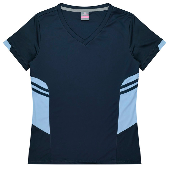 A navy and light blue sports tee with a V-neck and side stripes. It features a logo on the front.