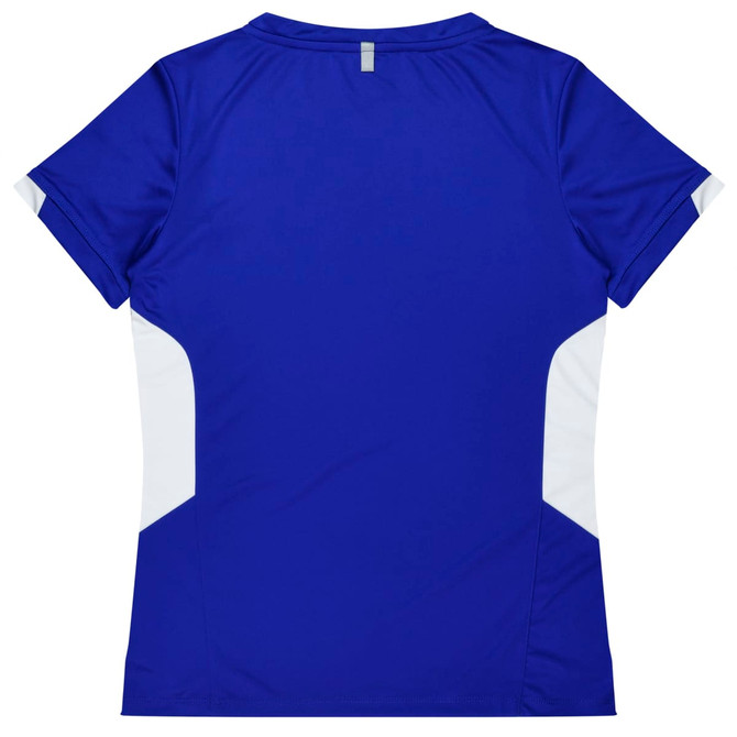A blue sports tee featuring white side panels and a back collar tag. It has branding, and is designed for sports uniforms.