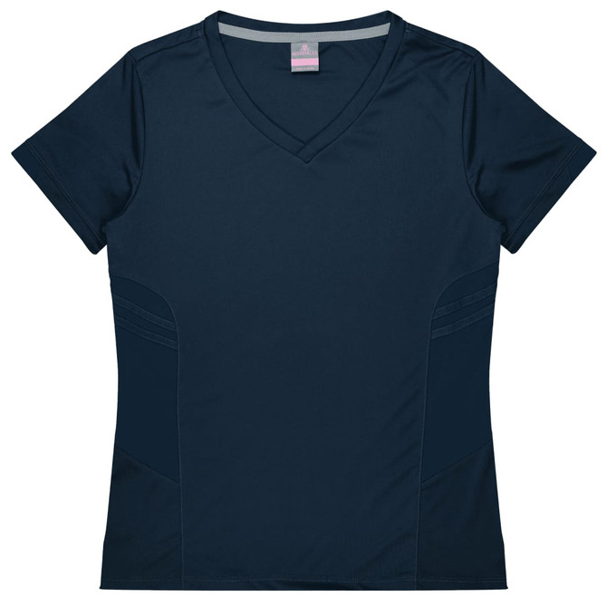 A navy women's sports tee featuring a V-neck and side panel detailing, with a logo on the chest.