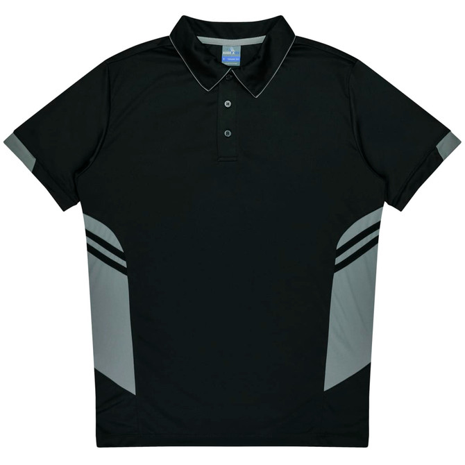 A black polo shirt with grey accents and a logo on the chest area. Short sleeves and a classic collar design.