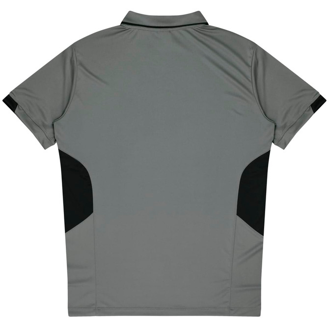A grey polo shirt with black side panels, featuring a collar and a logo.
