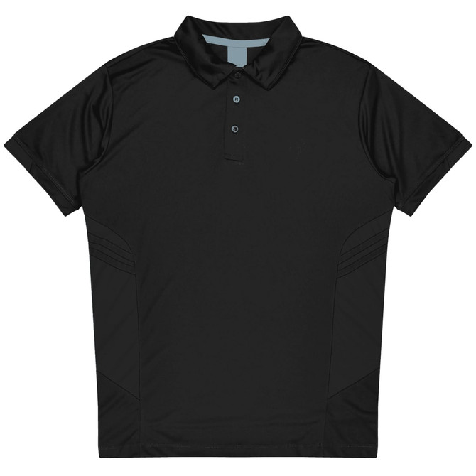 A black polo shirt featuring a collar and button placket, with side design details and a branding logo.