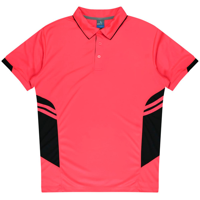 A pink and black polo shirt with a collar, buttons, and side stripes, featuring a logo.