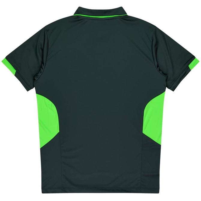 A dark green polo shirt with vibrant green side panels. It features a collar and a smooth fabric texture.
