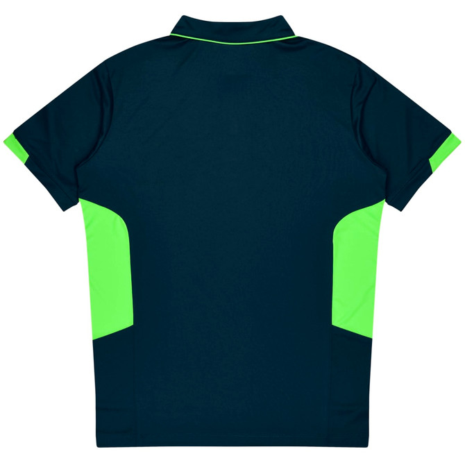 A dark blue polo shirt with vibrant green accents on the sides and collar, featuring a logo.