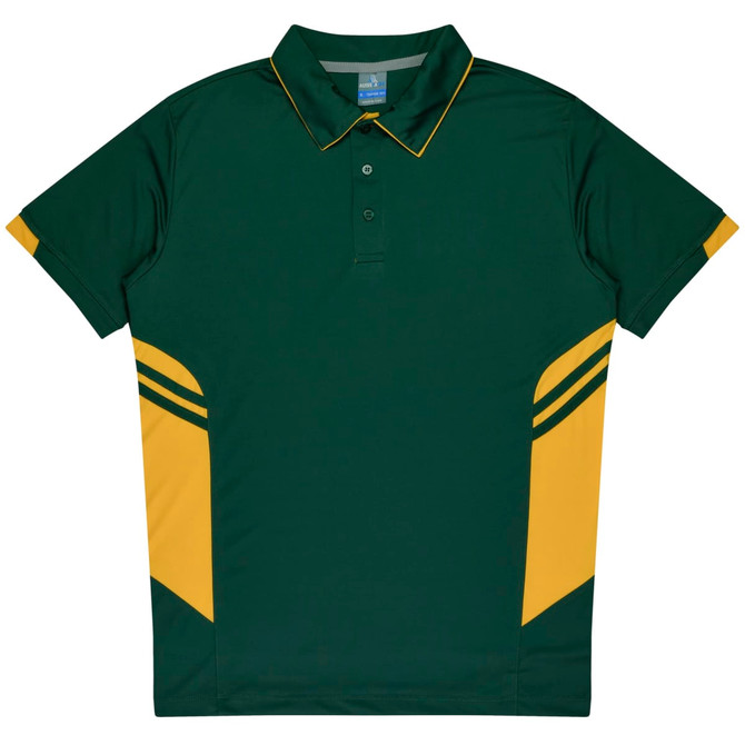 A green and gold polo shirt featuring a collar and contrasting side stripes, with a logo on the chest.