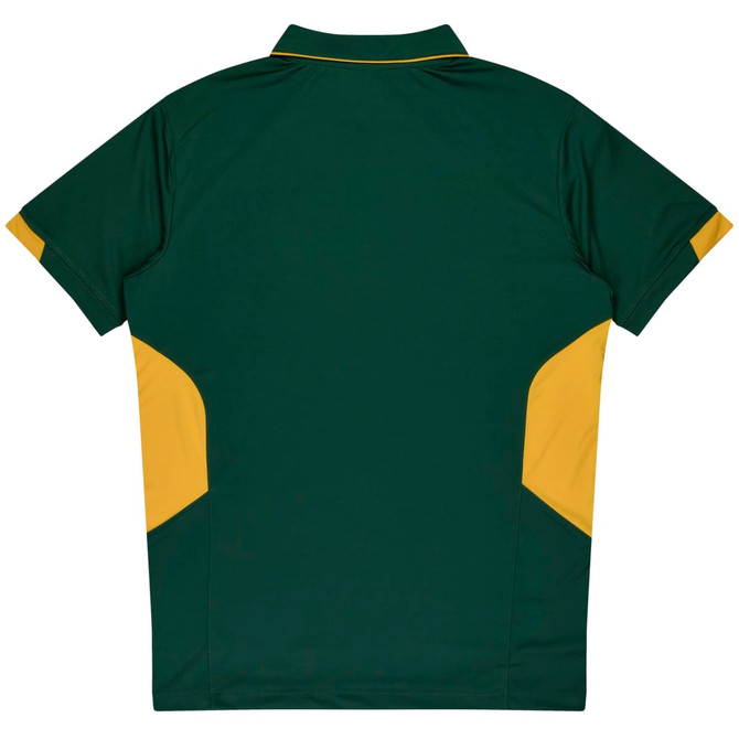A green and gold polo shirt featuring a contrasting design and a logo on the front.