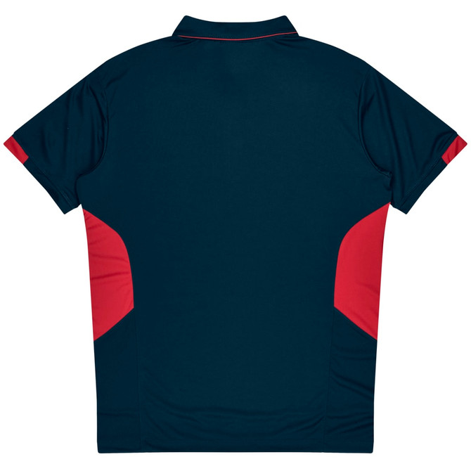 A navy polo shirt with red accents on the sides and back, featuring a collar and branding.
