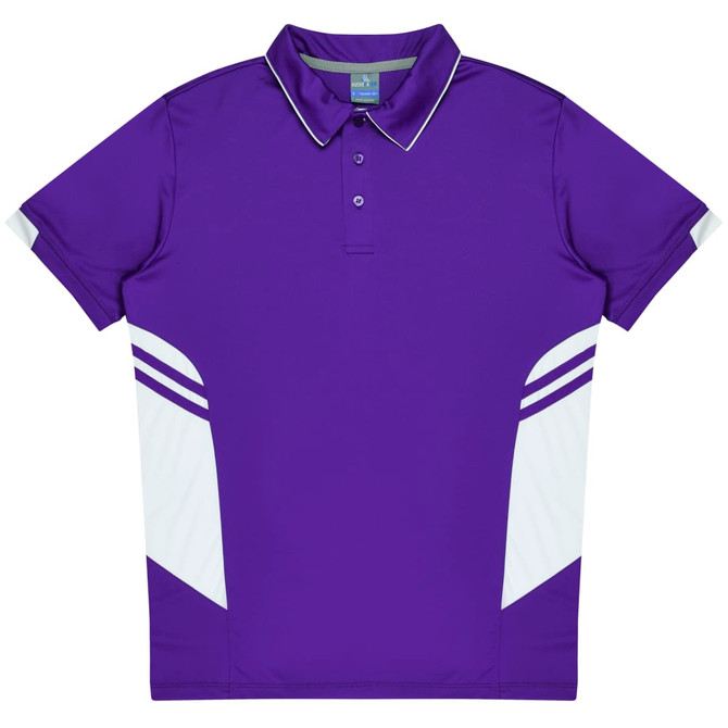 A purple polo shirt with white side panels and a collar, featuring a logo on the chest.