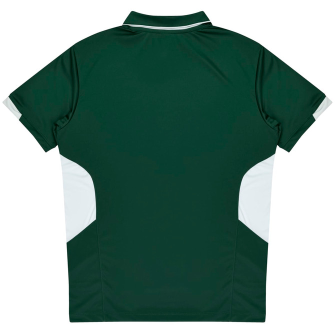 A green polo shirt with white side panels and a collar, featuring a logo on the back.