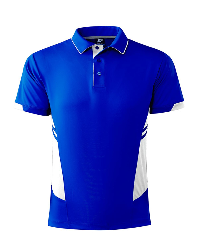 A blue and white polo shirt featuring a collar and a logo. The shirt has contrasting side panels.