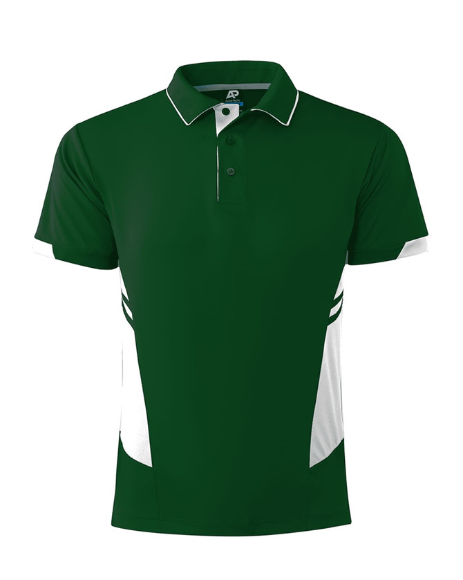 A green polo shirt with white accents and a logo on the chest.