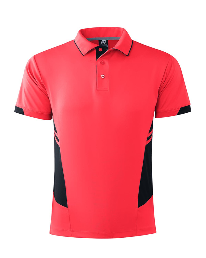 A red polo shirt featuring black side panels and a logo on the chest.