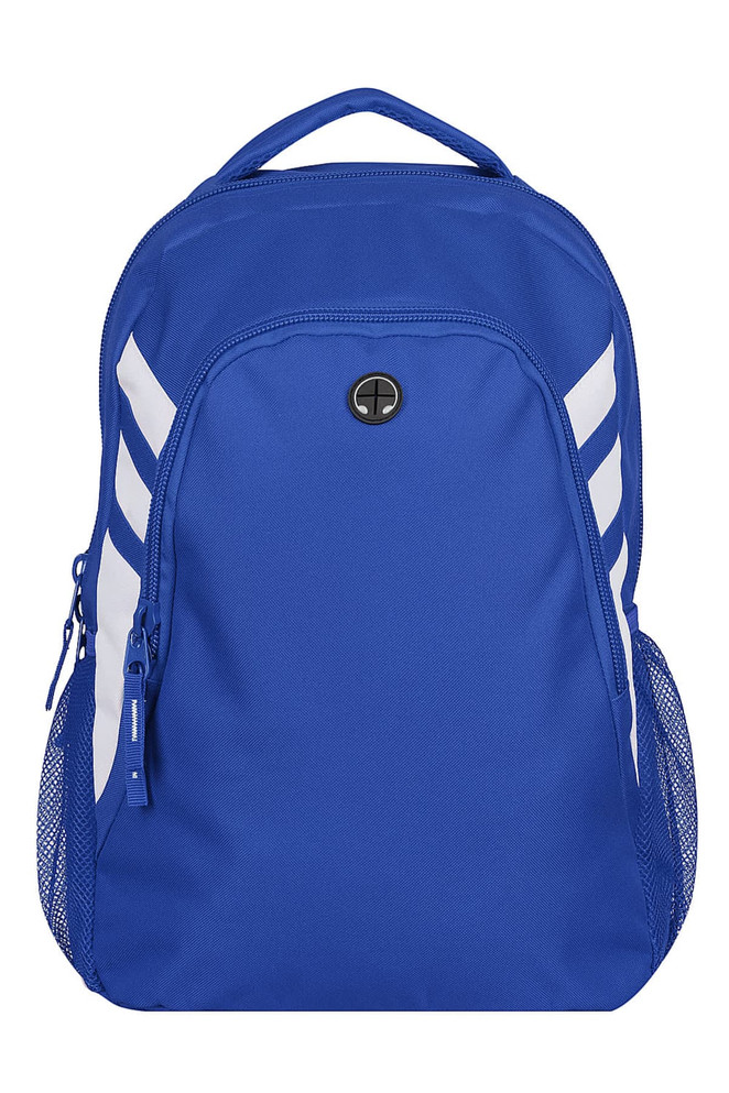 A blue backpack with white stripes, features mesh side pockets and a logo on the front.