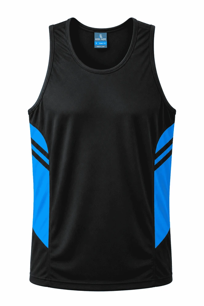 A black singlet featuring blue accents and stripes, designed for men's wear. It includes a logo on the label.