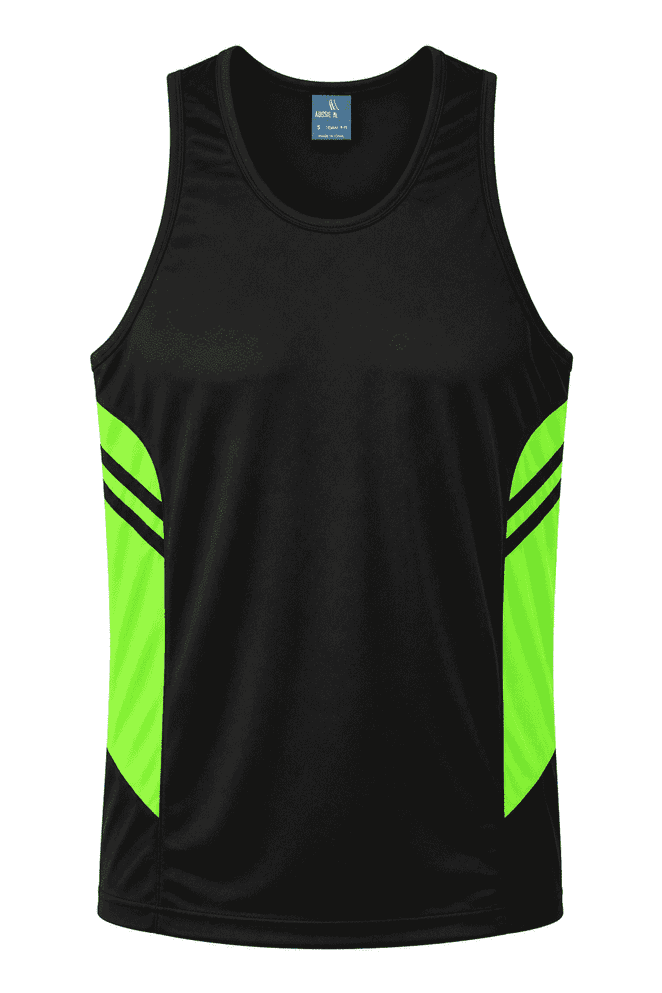 A black singlet with bright green accents, featuring a logo on the upper area. Suitable for men's wear.