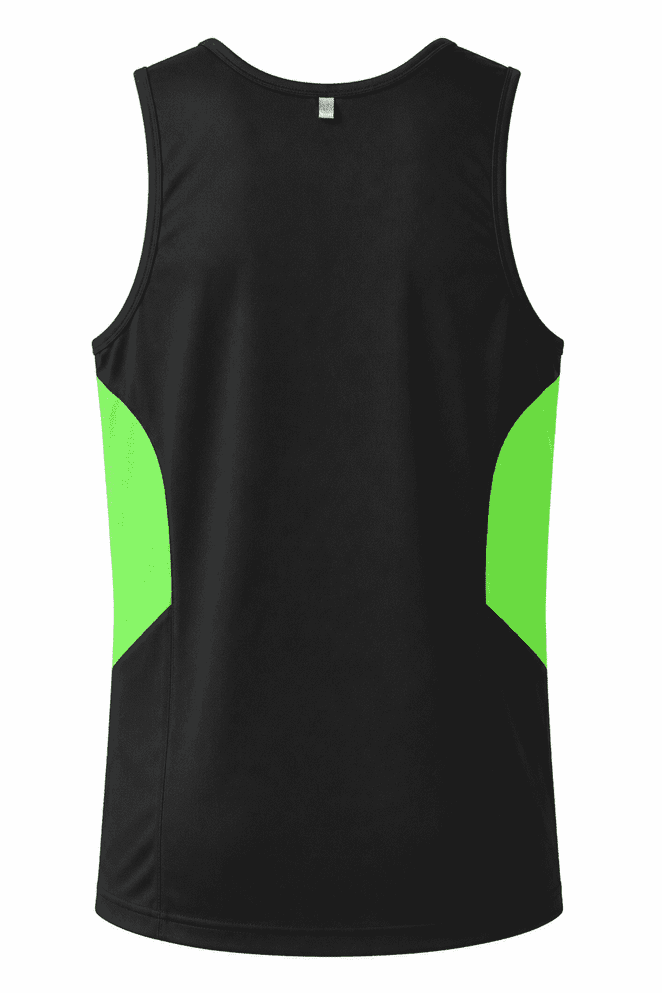 A black singlet with bright green side panels and a logo on the back.