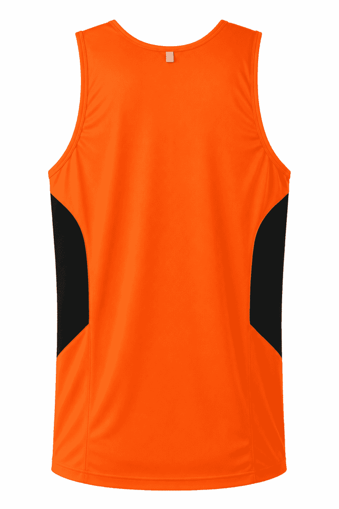 An orange singlet featuring black side panels and a branding logo on the back.