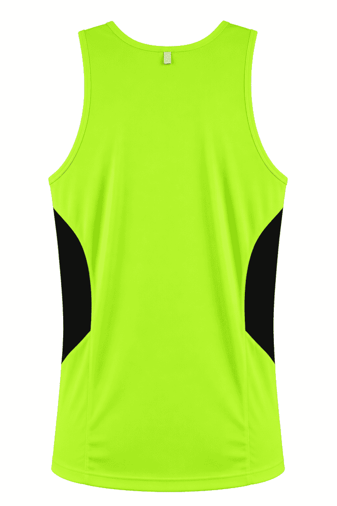 A bright lime green singlet with black side panels and a simple design, featuring a logo on the back.