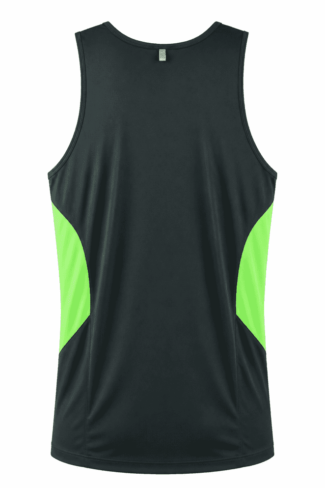 A men's singlet in black with bright green side panels, featuring a logo on the back.