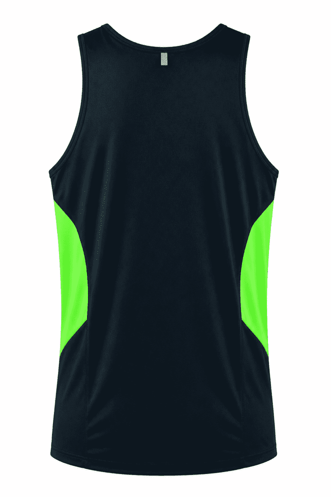 A men's singlet in navy blue with vibrant green side panels, featuring a logo.