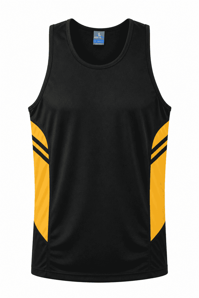 A black and yellow men's singlet featuring a logo and stylish striped design on the sides.
