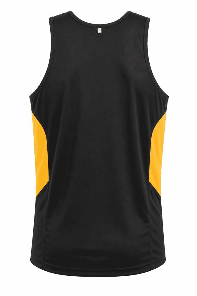 A black singlet with yellow side panels, featuring a logo at the back. Ideal for casual or athletic wear.