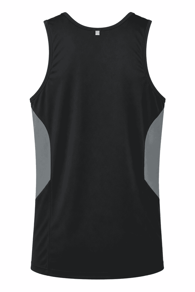 A black singlet featuring grey side panels and a logo on the back. Suitable for casual or athletic wear.