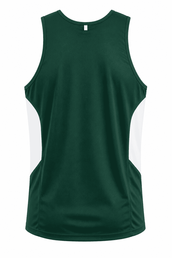 A green men's singlet with white side panels and a logo on the back.