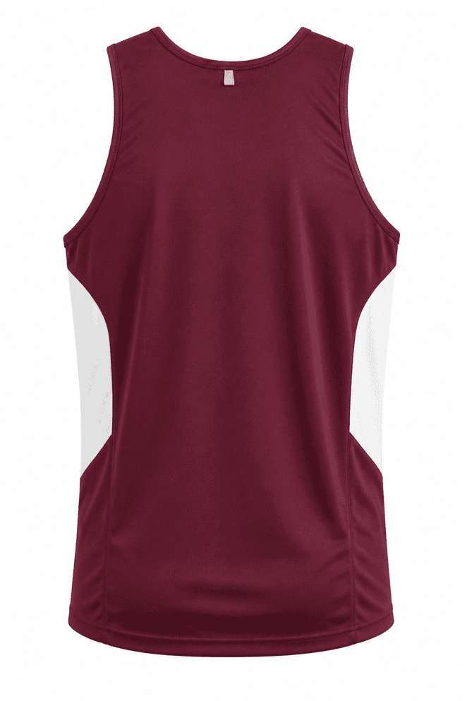 A maroon singlet with white side panels and a simple design, featuring a small logo on the back.