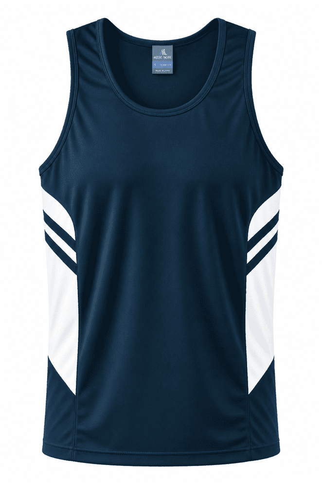 A navy blue singlet featuring white side panels and a logo on the upper part.