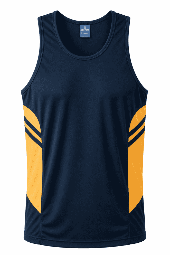 A navy blue singlet featuring orange accents and stripes, with a branding logo on the chest.